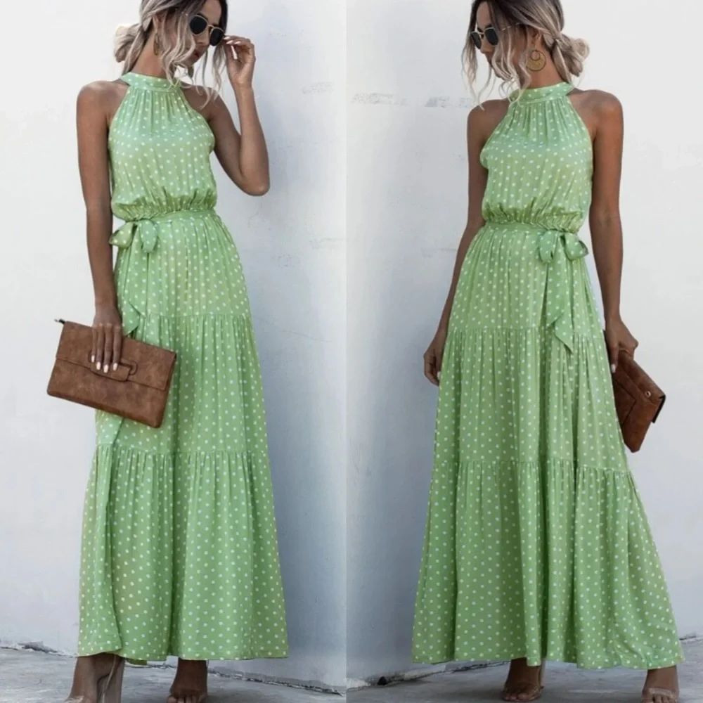 Boho green halter dot belted maxi dress - Picture 3 of 7